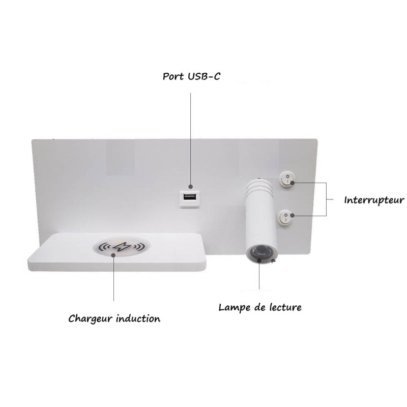 Applique murale LED avec chargeur induction et USB │ KAPELO