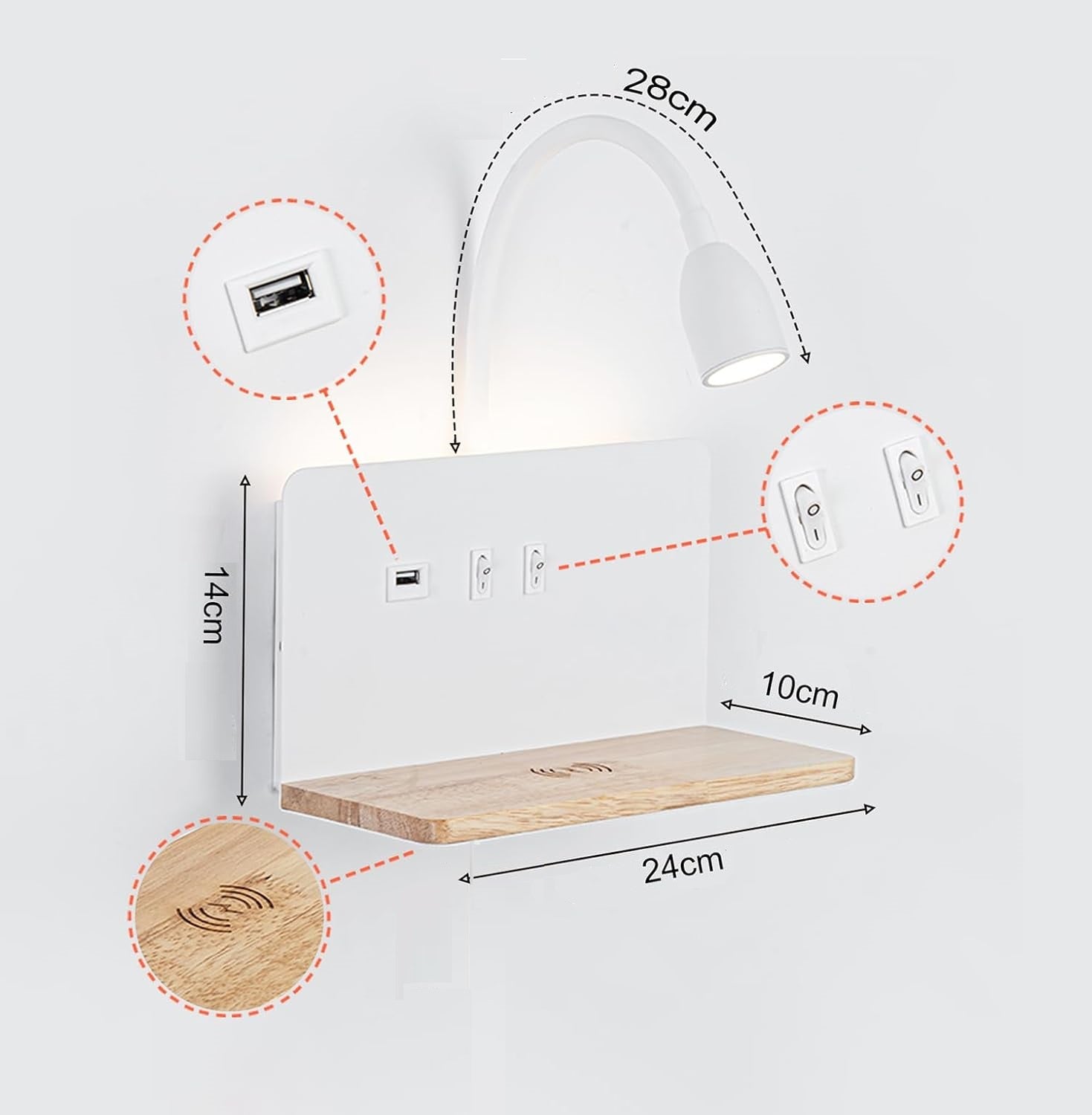 Applique murale LED avec double source lumineuse et chargeur induction │ IZNAT