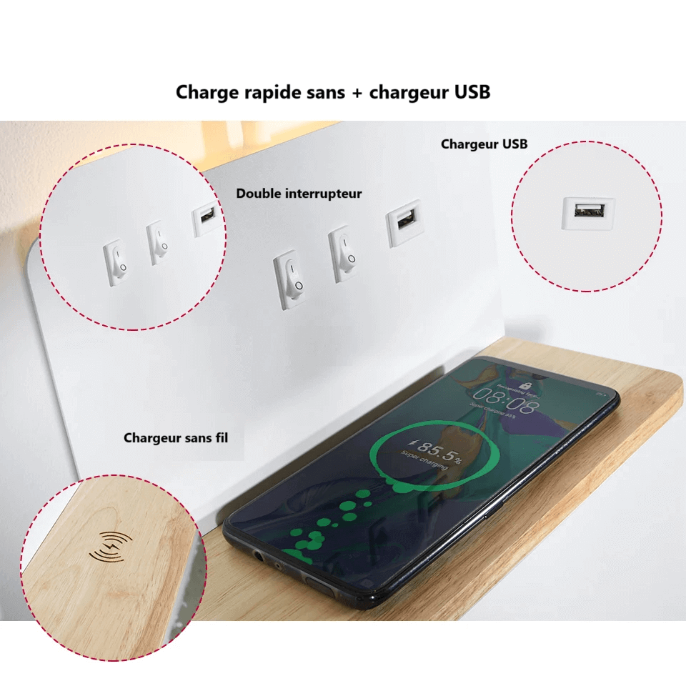 Applique murale LED avec double source lumineuse et chargeur induction │ IZNAT