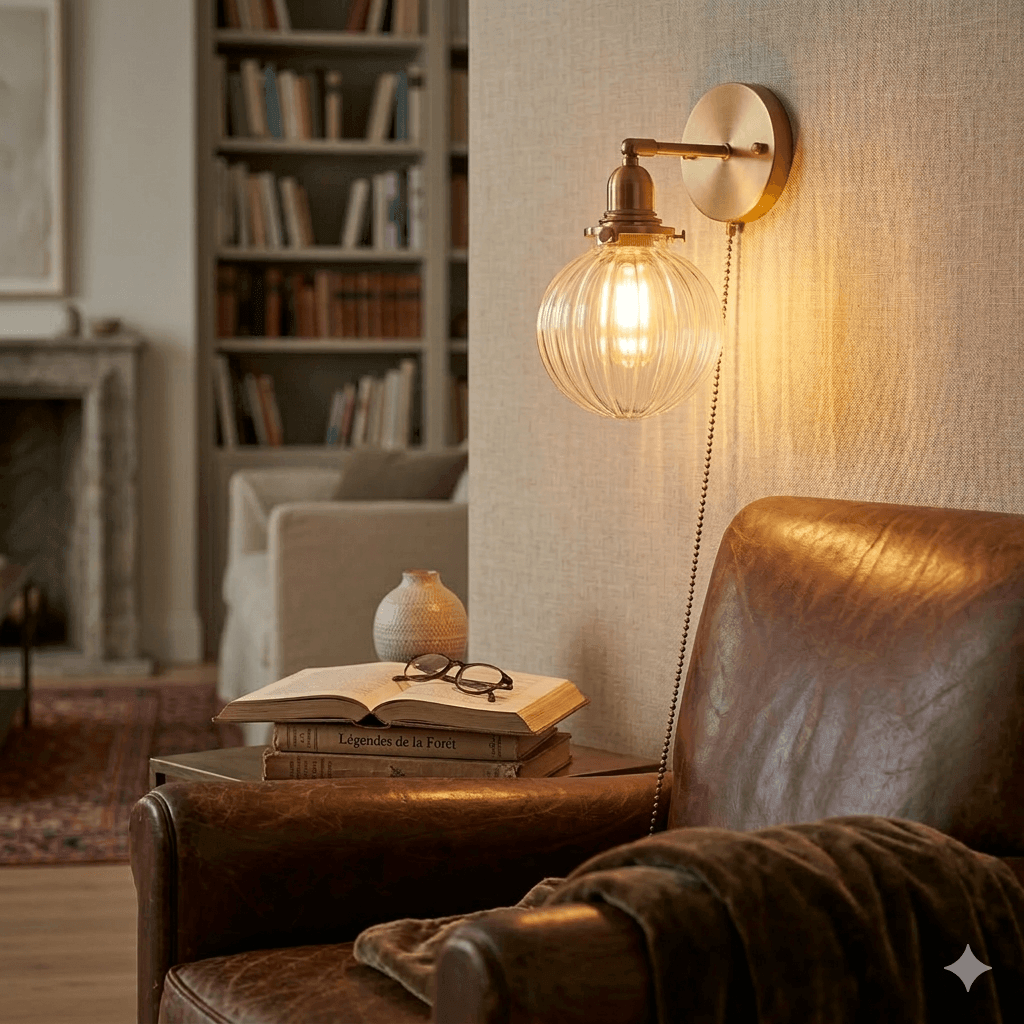 Applique murale vintage articulée dorée en verre et laiton avec interrupteur tirette │ ELIMA