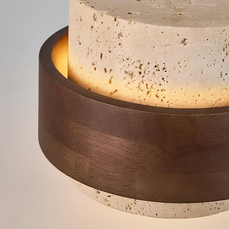 Suspension cylindrique en travertin et en bois DENIZE