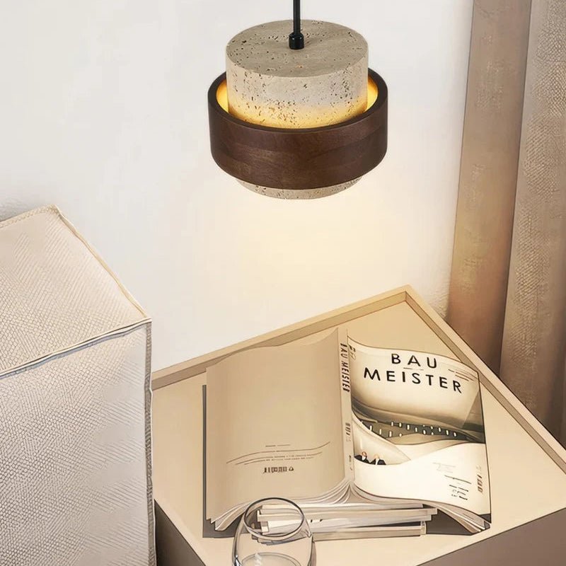 Suspension cylindrique en travertin et en bois DENIZE - product_type_Atelier Luisiano